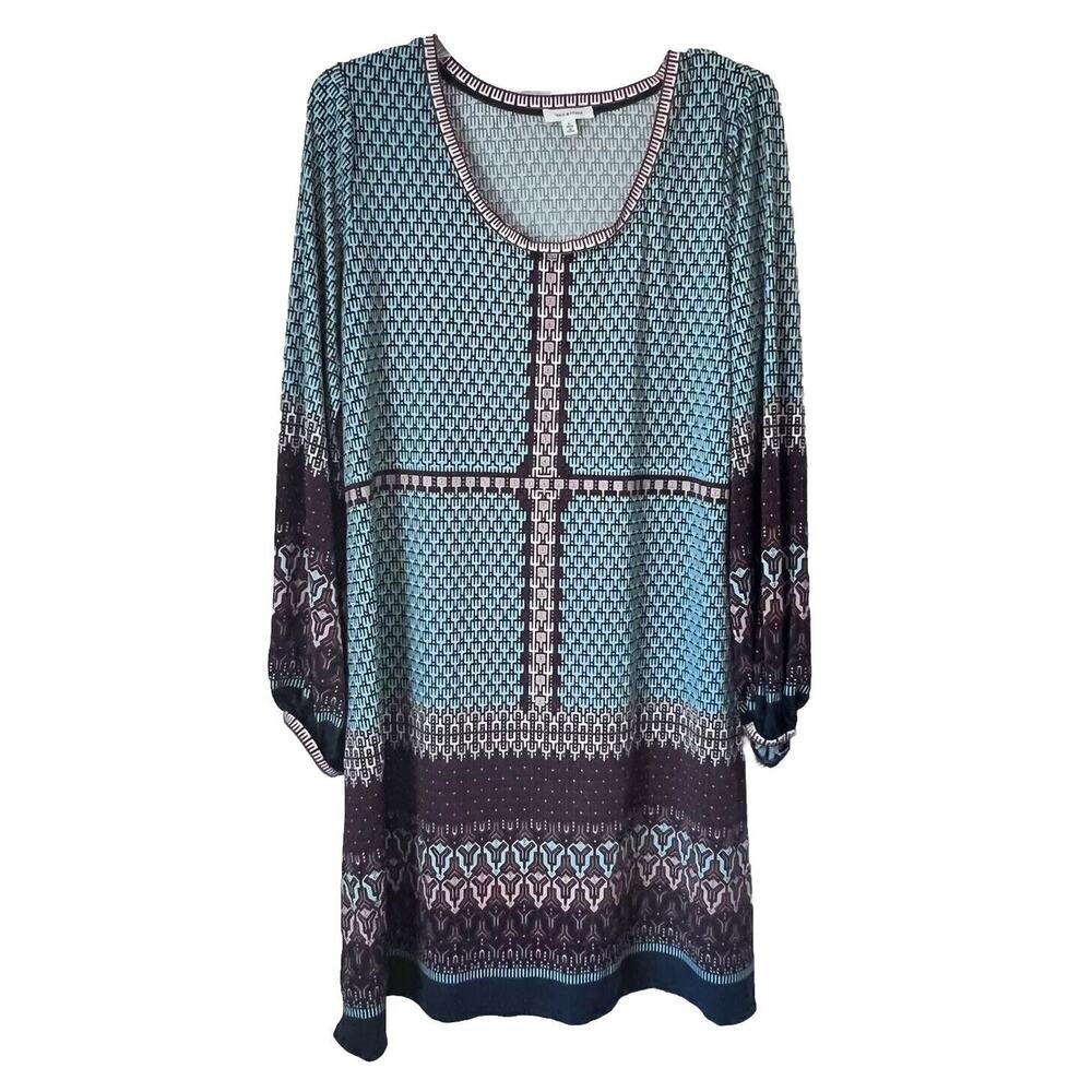 Max Studio Shift Dress Womens Large Blue Brown Geometric Hippie Boho Lightweight